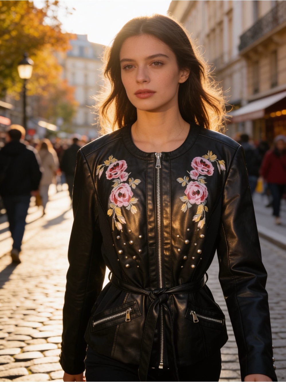 Black Faux Leather Floral-Belted Jacket